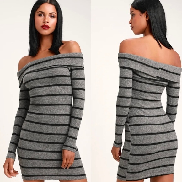 Lulus Dresses & Skirts - Lulus Womens Nella Rust Striped Off the Shoulder Sweater Dress Sz XL Gray Black